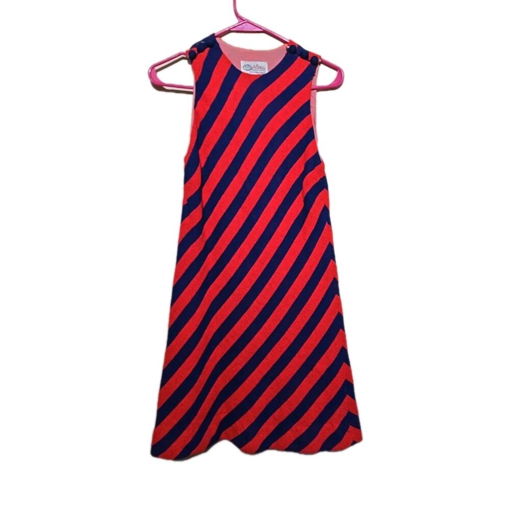 Vtg 70s Alexa Navy Blue‎ Red Striped Knit Sleeveless Mini A-Line Dress Womans 6